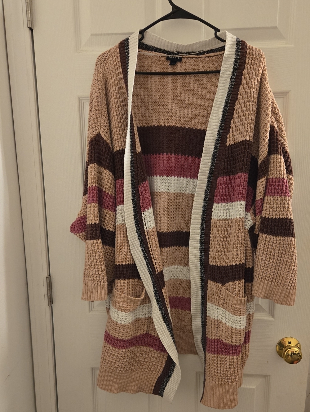 torrid Striped Open-Front Cardigan in Pink, Brown & Cream